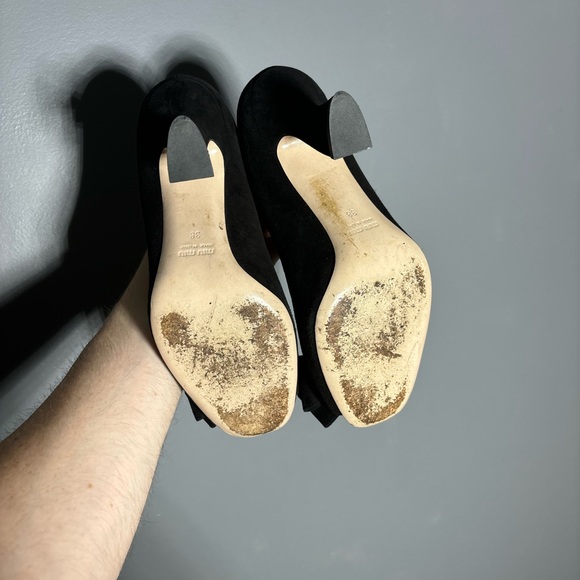 MIU MIU Black Suede Leather Peep Toe Double Bow Pump Size EU 38 - Picture 4 of 7